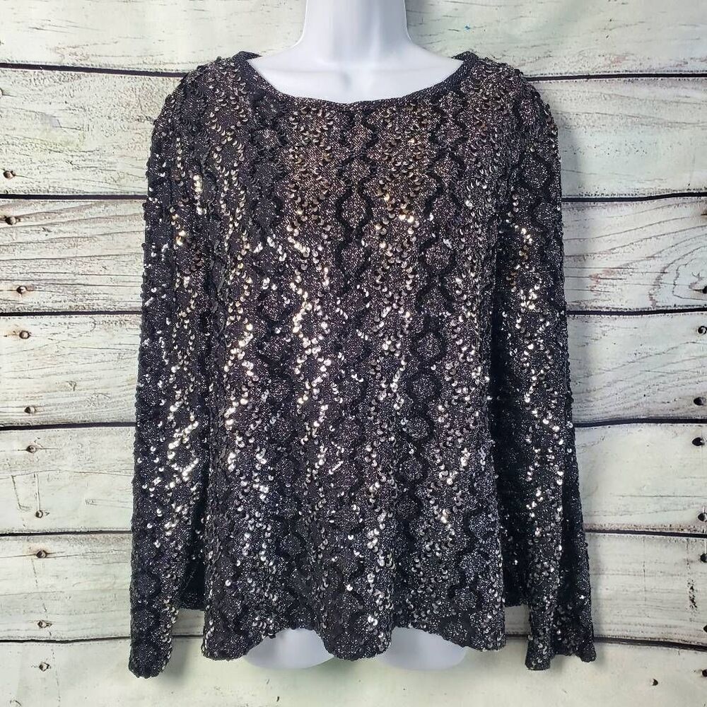 Vintage Montgomery Ward Sequin Blouse Black Metallic Long Sleeve Top Size 22W